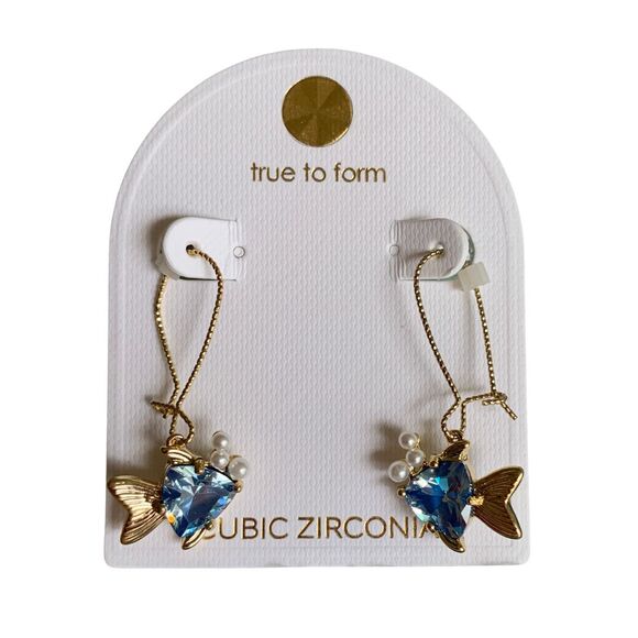 Gold Tone Blue Cubic Zirconia Fish Hook Dangle Earrings New with Tag - Picture 6 of 7
